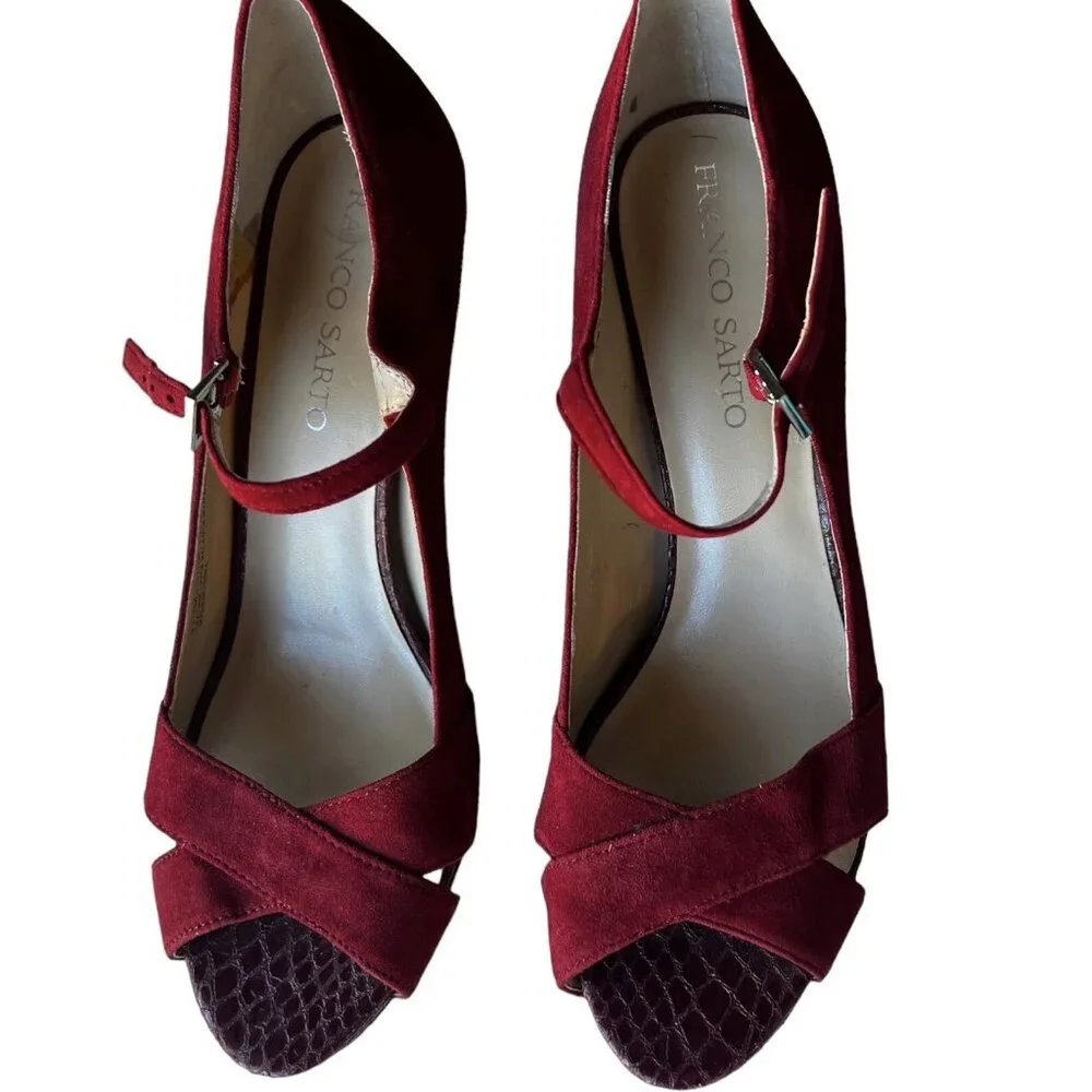 Franco Sarto Women’s Size 9.5 M Heels Maroon & Red Suede Snake Skin Peep  Toe